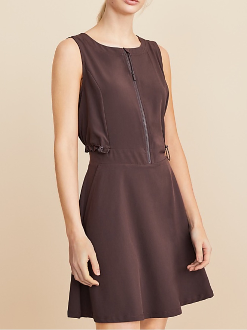 Lou & Grey sleeveless chocolate brown mini dress with front zip